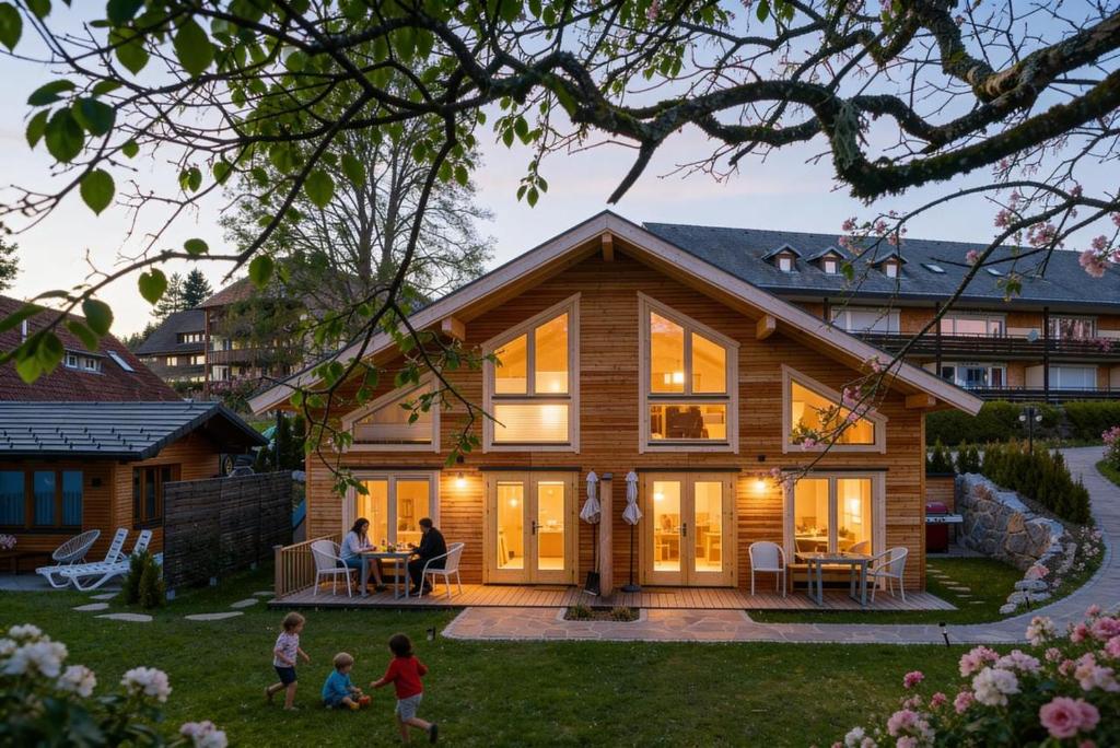 a house with two children playing in the yard at Hochfirst Waldlodge in Lenzkirch