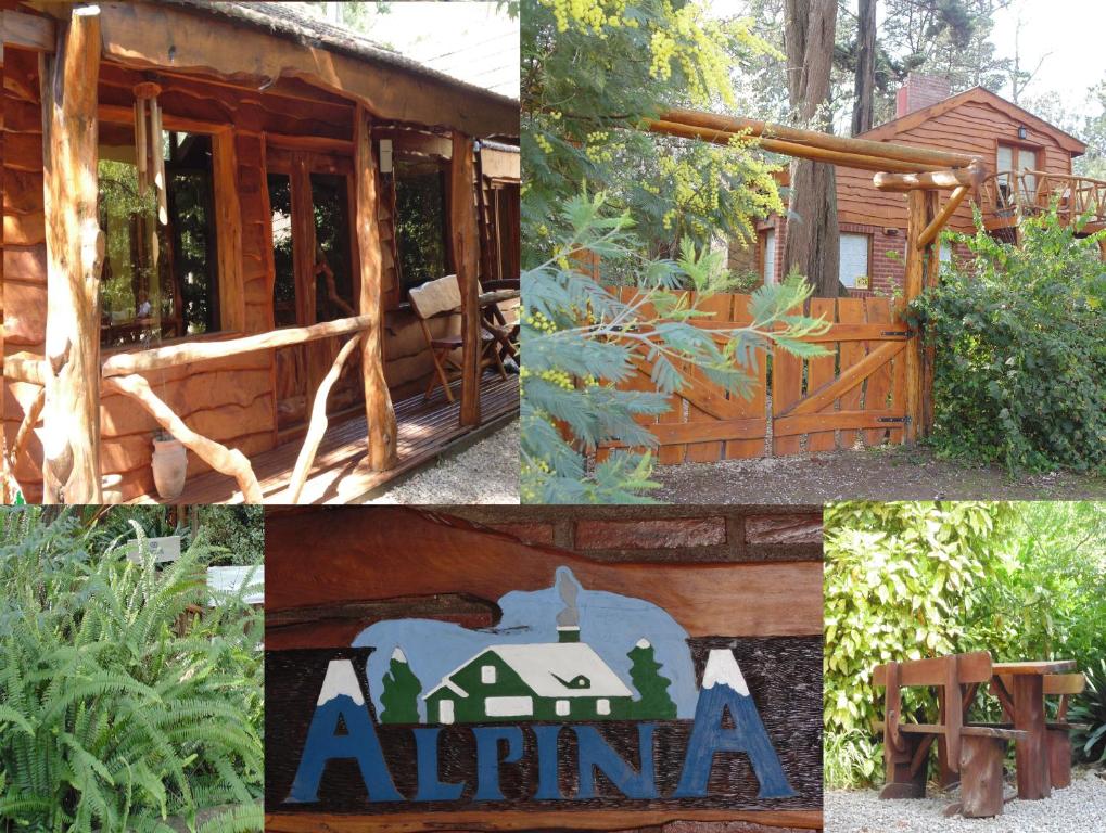 un collage de fotos con una cabaña y una señal en Alpina Cabañas en Mar del Plata