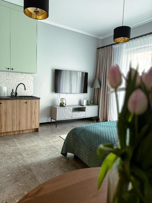 a living room with a bed and a tv at Studio 102 Garden in Krakow