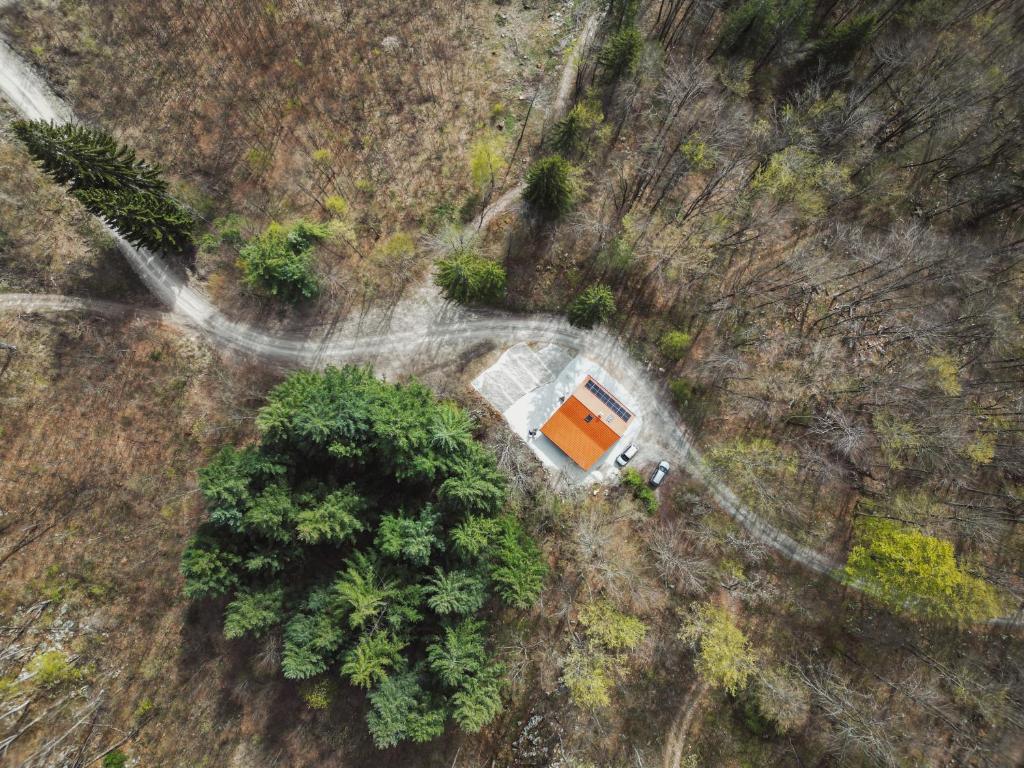 an overhead view of a house and trees in a field at Srčkova Koča in Kočevje