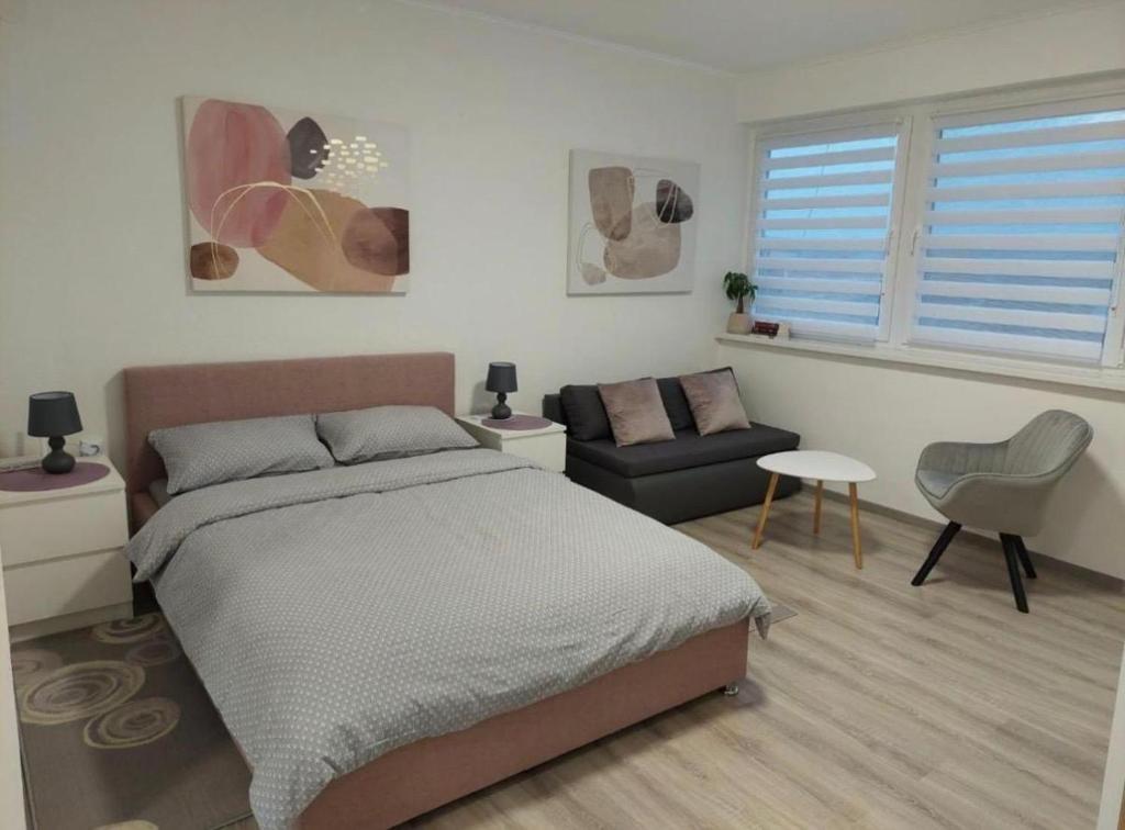 a bedroom with a bed and a chair and a couch at Studio Apartman Tara in Daruvar
