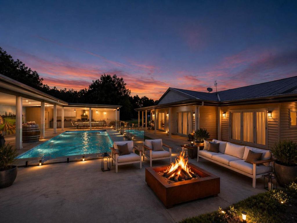 a patio with a pool and a fire pit at Semillon Retreat in Pokolbin