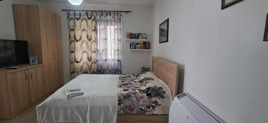 a bedroom with a bed and a television in it at Apartment near the Lake -Pogradec in Pogradec