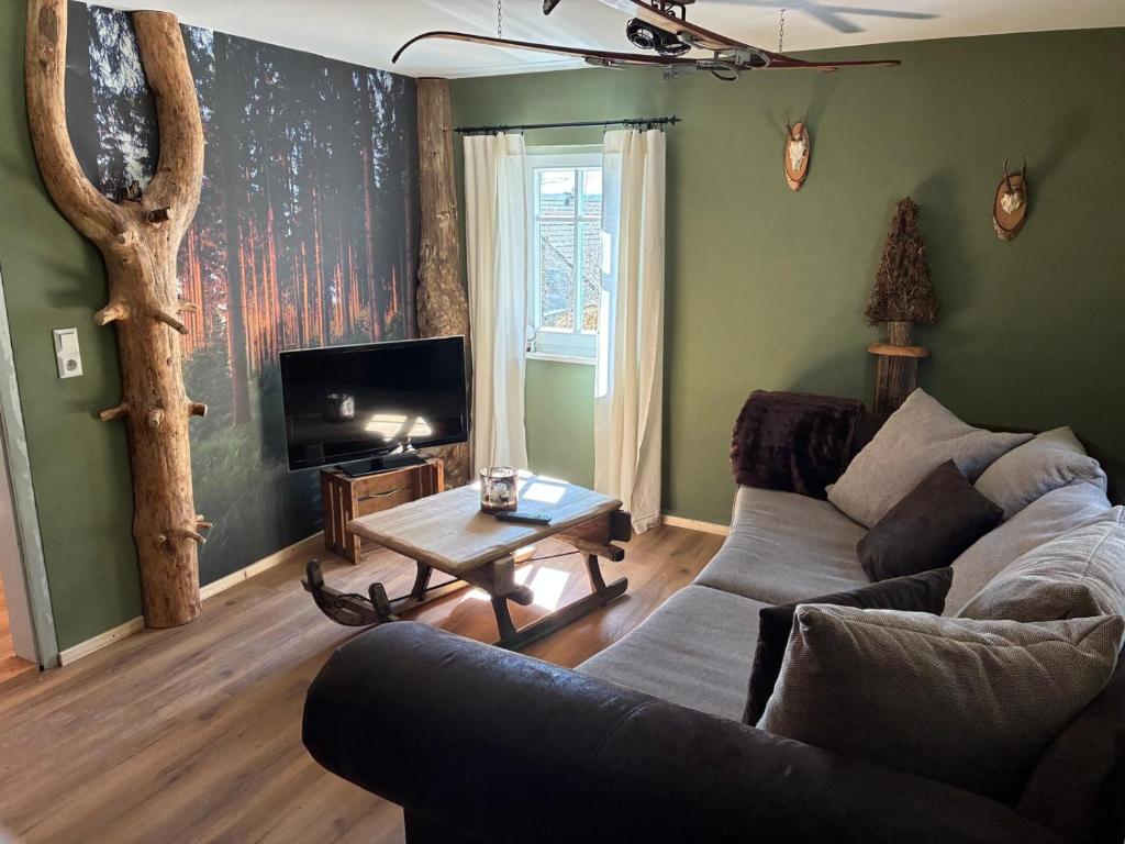 a living room with a couch and a tv at Ferienhaus Hutznhaisl in Bärenstein