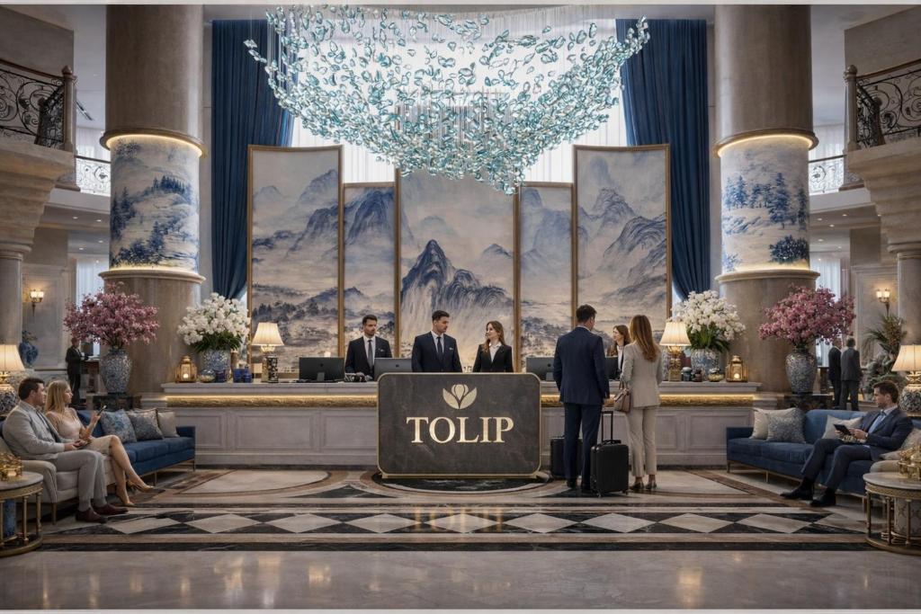 a group of people standing around a sign in a lobby at Tolip Hotel Alexandria in Alexandria