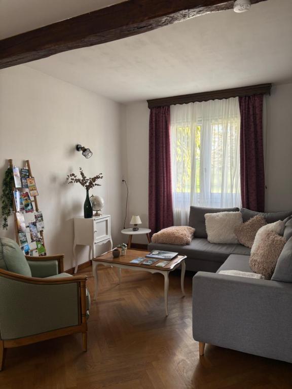 a living room with a couch and a table at Maison chaleureuse de village - location à la chambres in Lanans