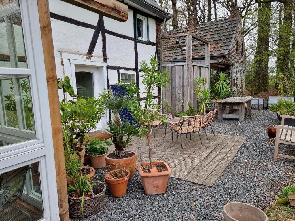 a patio with potted plants and a wooden deck at Ferienwohnung Hamm Rhynern im alten Bauernhaus 1870 in Hamm