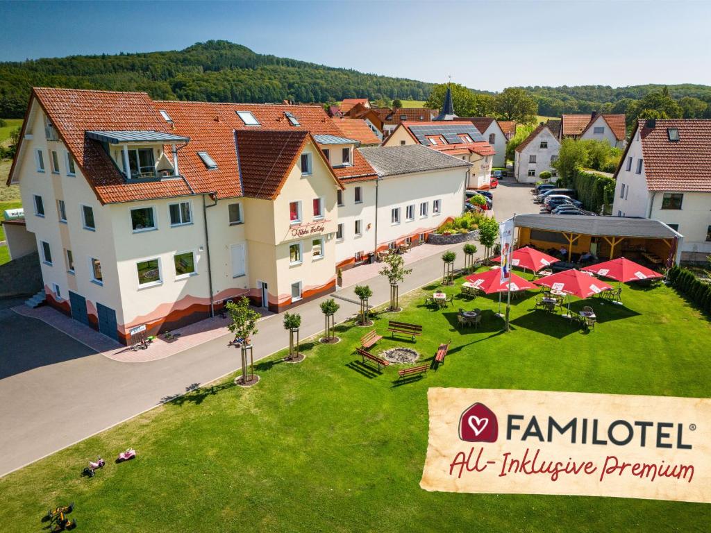 an aerial view of a village with a house at Familienhotel "Rhön Feeling" in Bernshausen