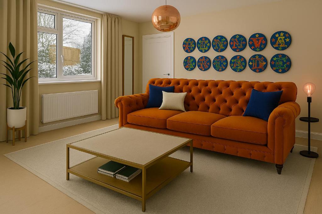 a living room with an orange couch and a table at The Cask Room in Scarborough
