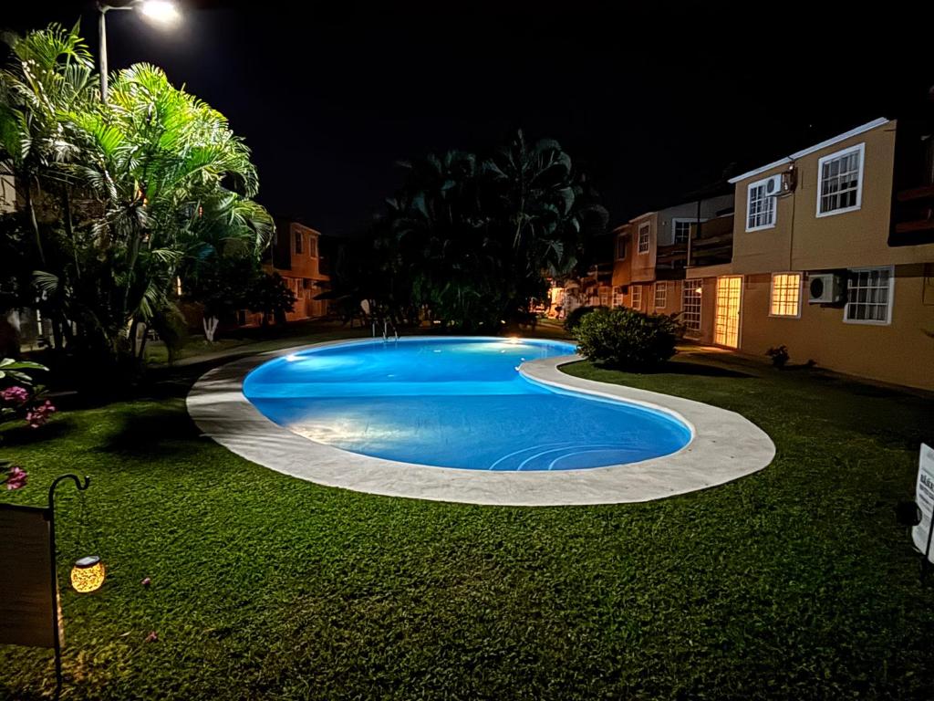 ein Swimmingpool in einem Garten bei Nacht in der Unterkunft Casa Cayo in Ixtapa
