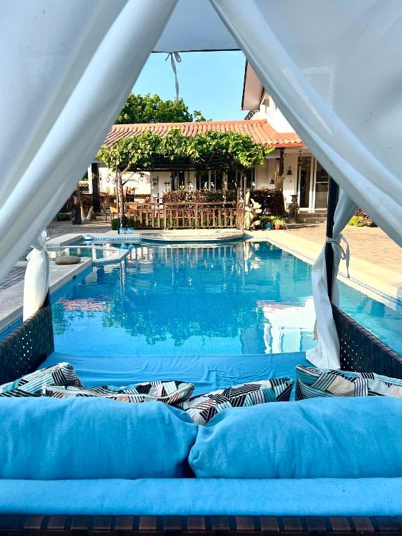 a swimming pool with a bed in front of it at Punta Blanca Ocean Suites in Santa Elena