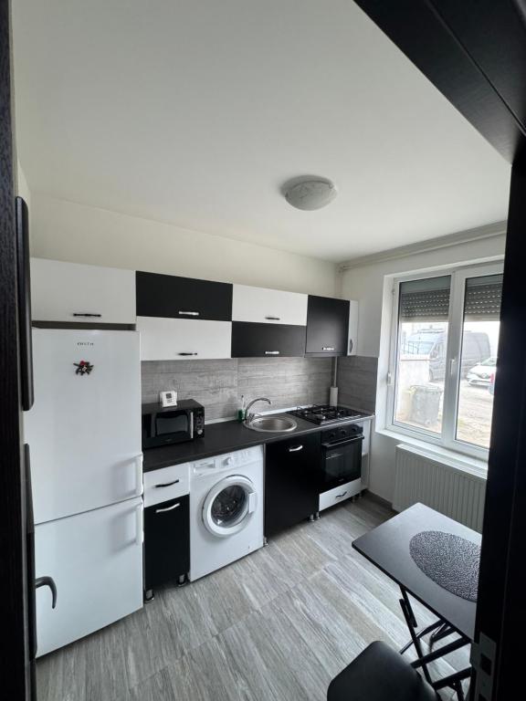 a kitchen with a washing machine and a washer at Apartament Yuk in Bragadiru