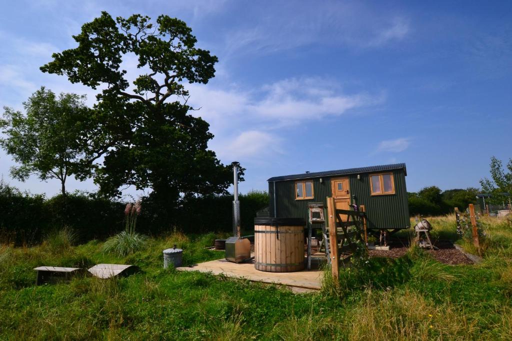 a tiny house in a field with a barrel at Charlotte-Rose Shepherd's Hut in Hethersett
