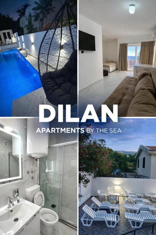 a collage of photos of a bathroom and a house at Dilans apartments by the sea in Bar