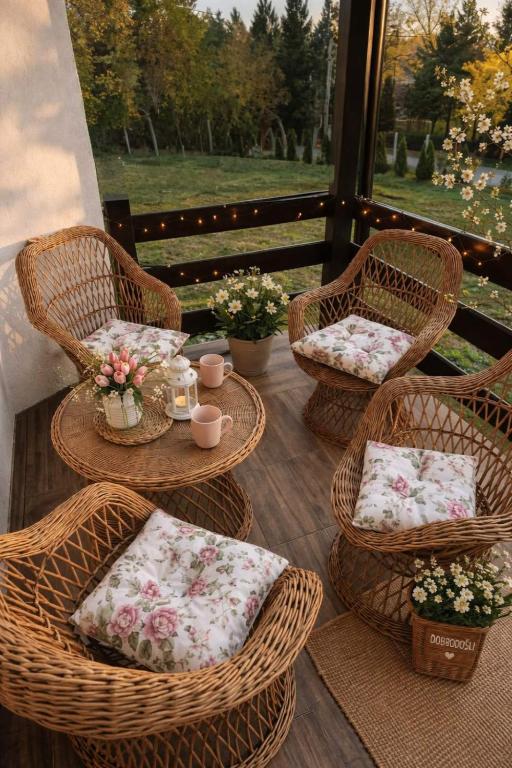 a porch with wicker chairs and a table with flowers at Košutica Vila in Koraćica