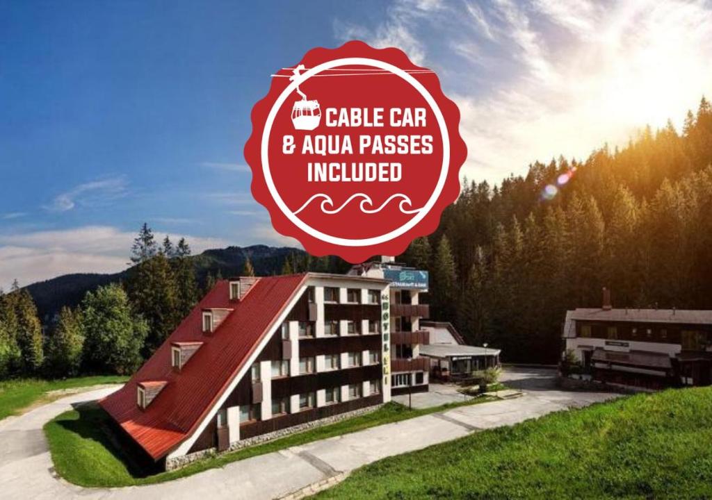 a sign that reads castle car and aanu passes involved at Hotel SKI in Belá