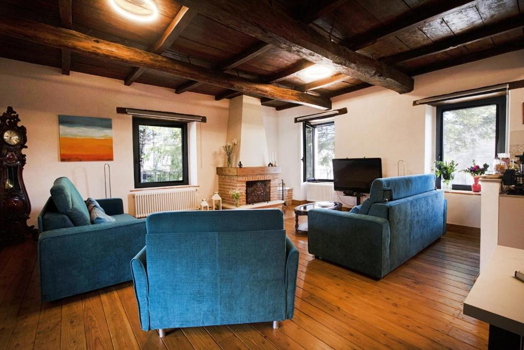 a living room with two blue couches and a television at Casolare Brindavan Dimora Artemisia in Vaccareccia