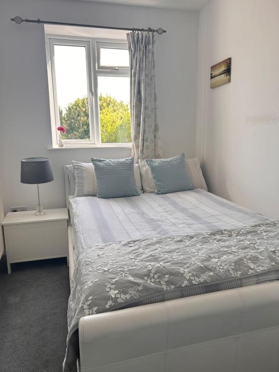 a bedroom with a large bed with a window at Comfortable en-suite one bed room studio in Oxford