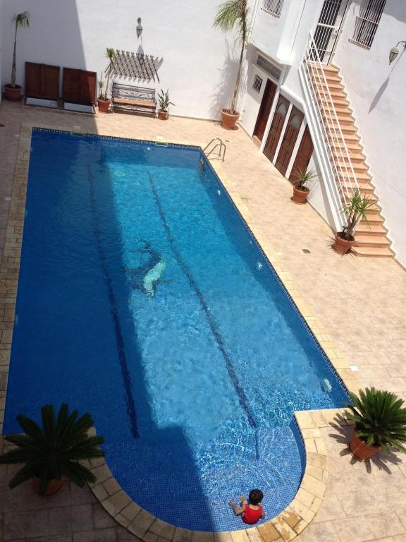 a person swimming in a large blue swimming pool at Villa Oasis Ain El Turk in Aïn El Turk