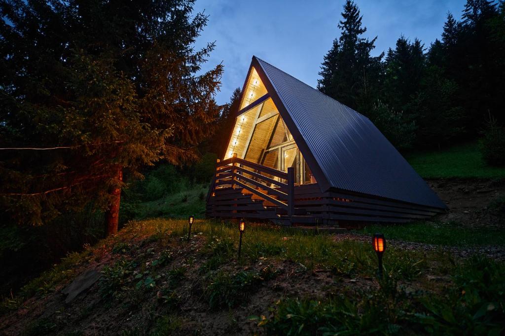 a small house with a black roof in a field at ULISI house in Verkhniy Yasenov