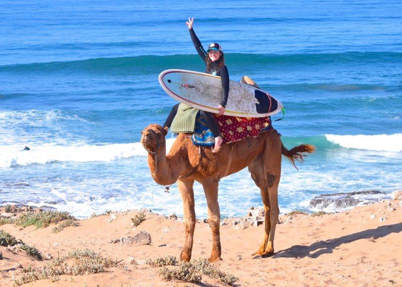 a woman riding a camel on the beach with a surfboard at Surf sky tamraght in Agadir