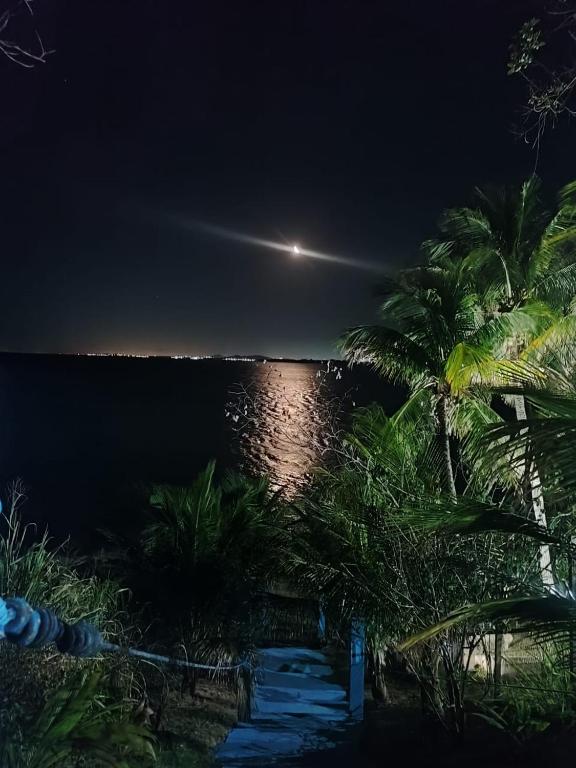 a view of the ocean at night with palm trees at Renascer in São Pedro da Aldeia