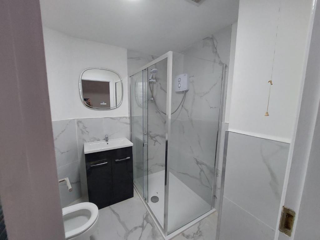 a bathroom with a shower and a toilet and a sink at Greenmount - 1 Bed Apartment in Naas