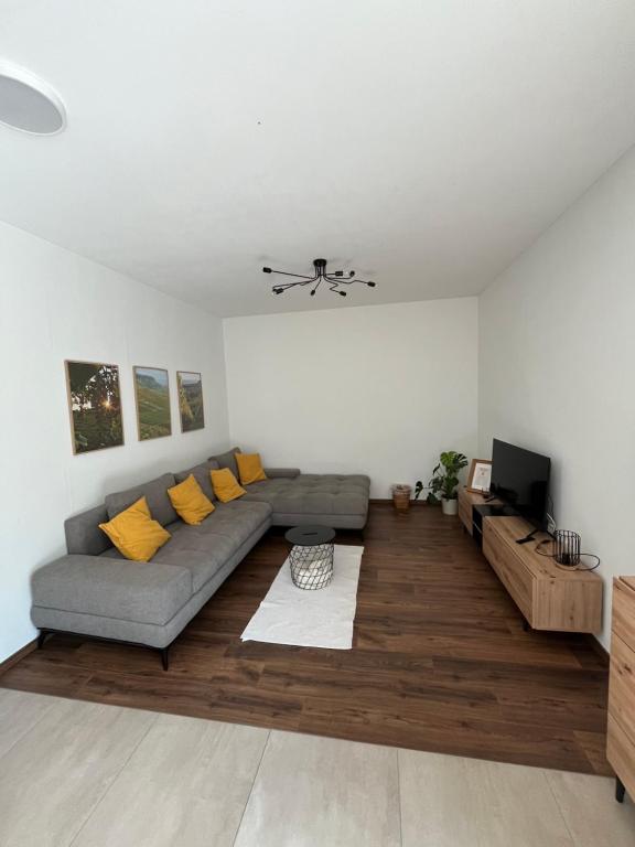 a living room with a gray couch and yellow pillows at Auszeit in Schwaigern in Schwaigern