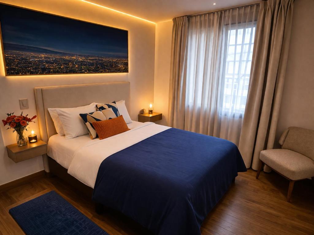a bedroom with a blue and white bed and a chair at Durán Business Suites near Airport in Bogotá