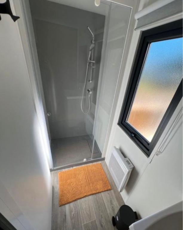 a bathroom with a walk in shower next to a window at La pomme de Pin in Étaples