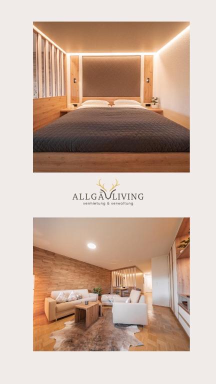 ein Schlafzimmer und ein Wohnzimmer mit einem Bett in der Unterkunft Moderne Ferienwohnung mit Ifenblick, Panorama & Parkplatz in Oberstdorf