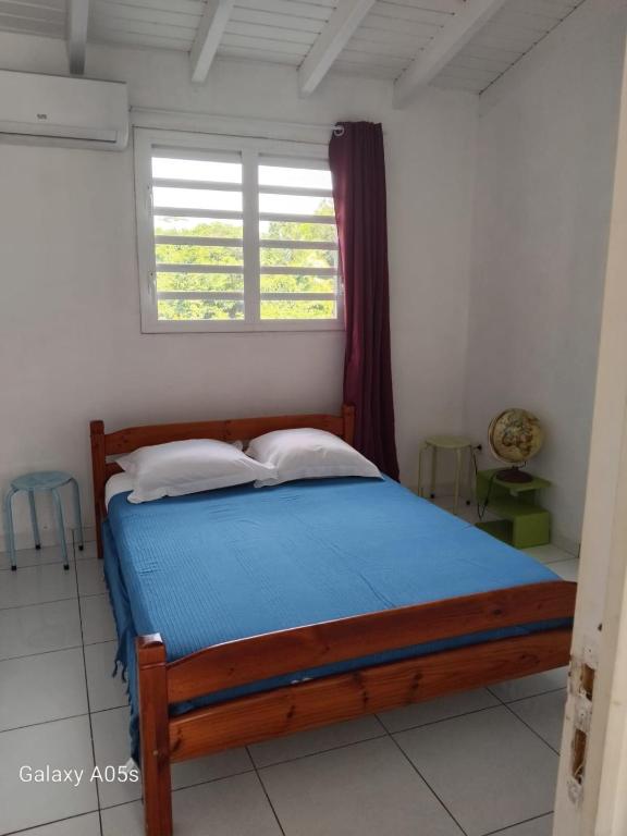 a bedroom with a bed with a blue blanket and a window at Chez COCO in Le Gosier