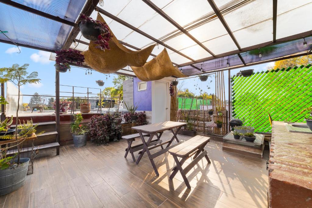a patio with a table and chairs and plants at Suites CDMX in Mexico City