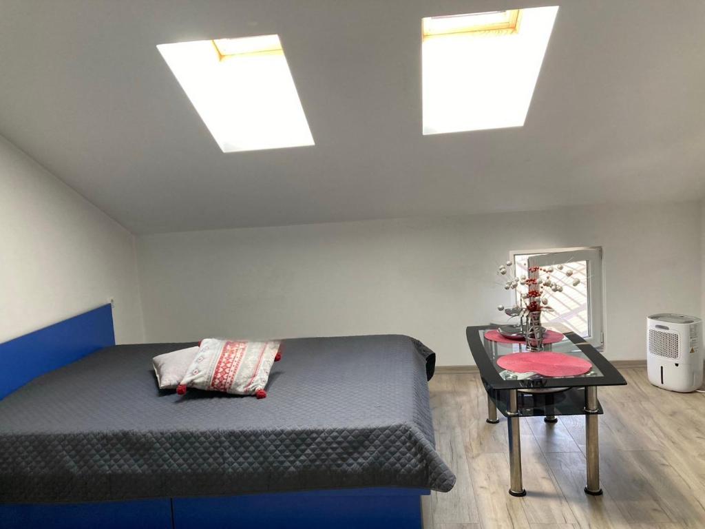 a bedroom with a bed and a table with skylights at Cozy loft apartment in Pleven