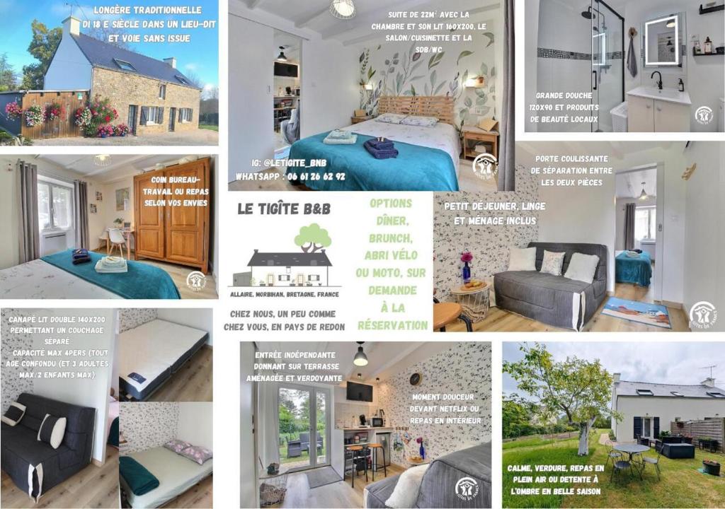 a collage of pictures of a bedroom and a house at Le tigîte b&b in Allaire