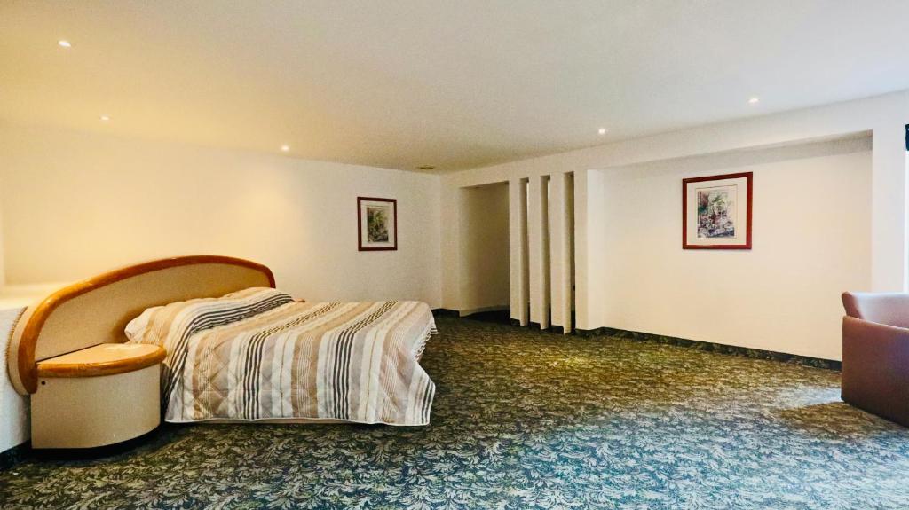 a hotel room with a bed and a chair at Hotel Altum Business in Toluca