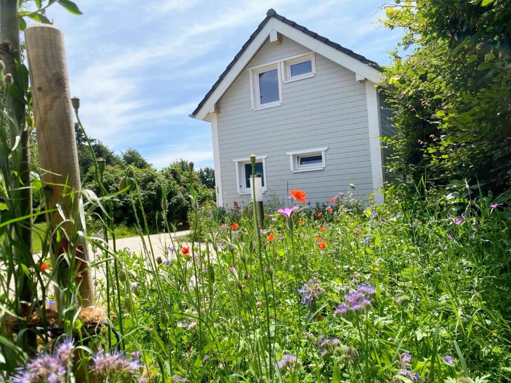a garden with flowers in front of a house at Schwedenhaus Fridhem mit Panoramablick auf dem Hügel in Monschau