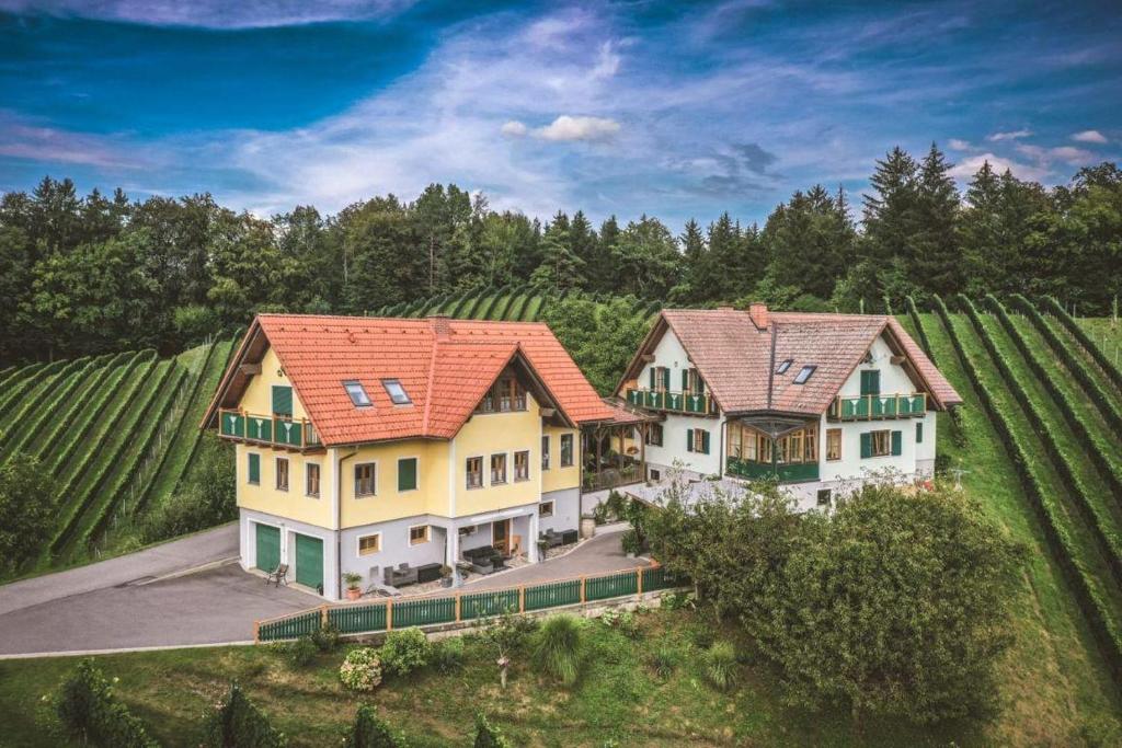 an aerial view of a house in a vineyard at Weingut Gaube in Leutschach
