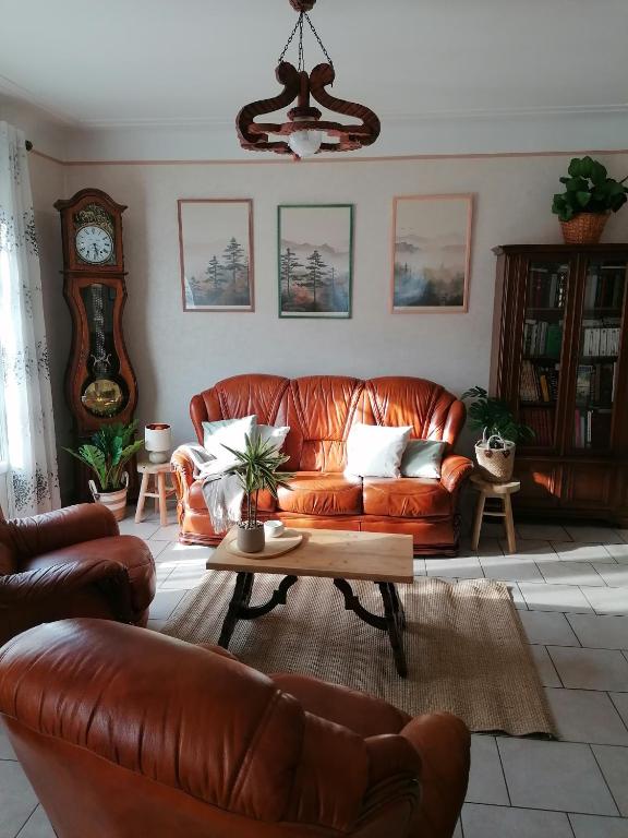 a living room with a leather couch and a table at Chez Christine in Sarrancolin