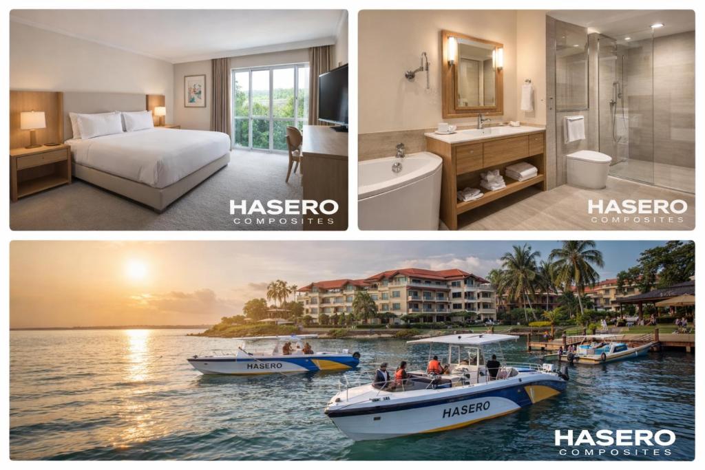 a hotel room with a bed and a boat in the water at HASERO Composites in Kampala