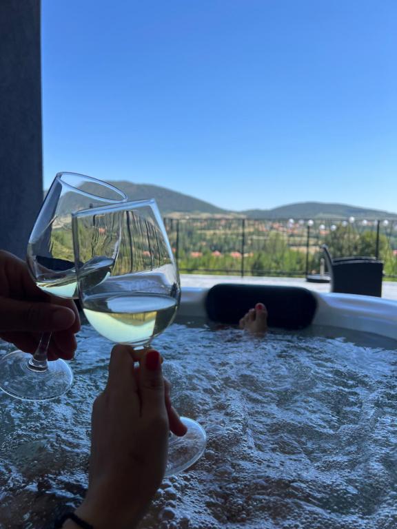 a person holding a glass of wine in a bath tub at Kosmaj Sunrise in Rogača