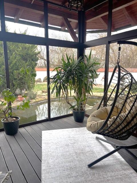 a porch with a hammock and potted plants and a window at Zen House u Poděbrad - Kanín in Poděbrady