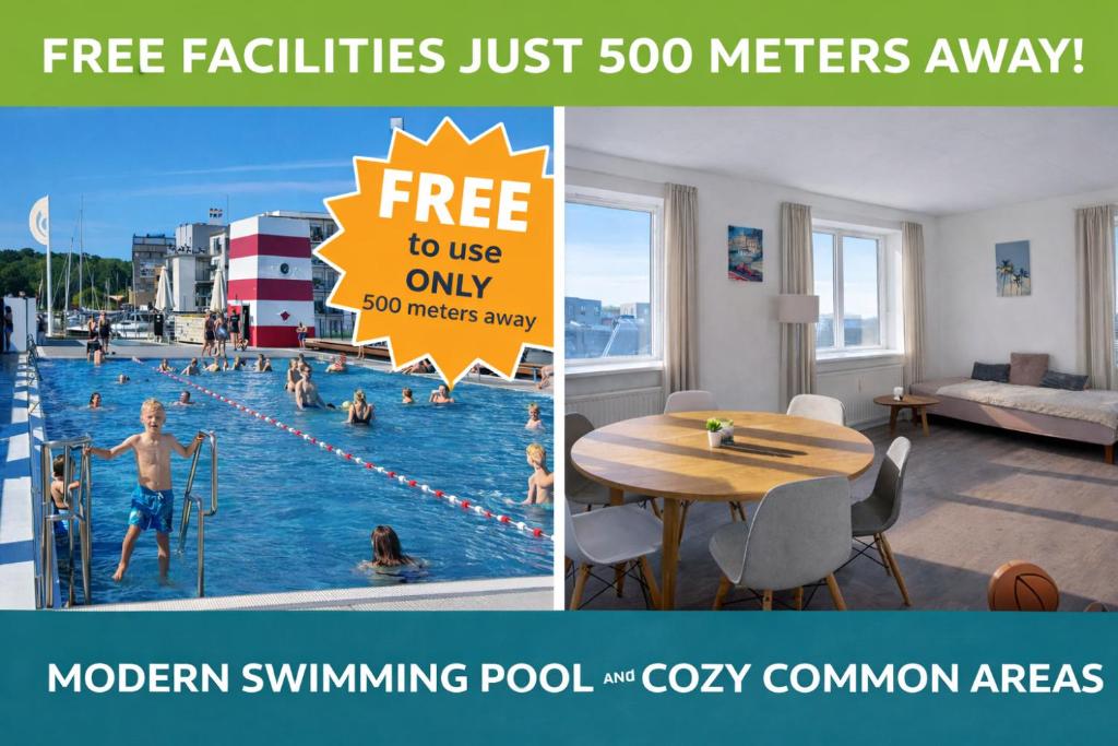 a collage of two pictures of a swimming pool at PAK Central apartment Odense C in Odense