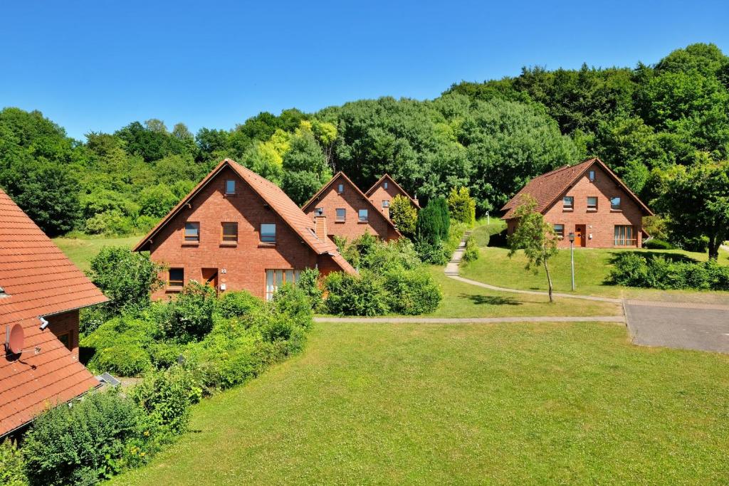 a group of houses in a field with trees at Haus 25 im Natur Ferienpark, Erlebnisurlaub mit Action, Radfahren und Wanderabenteuern im Grünen in Nieheim