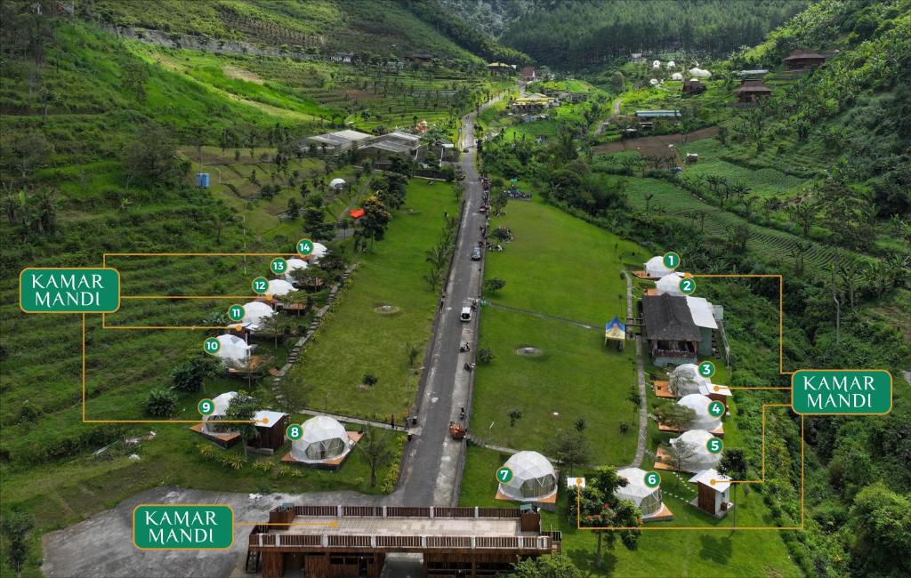 an aerial view of a park with many tents at Lembah Indah Malang in Gendogo