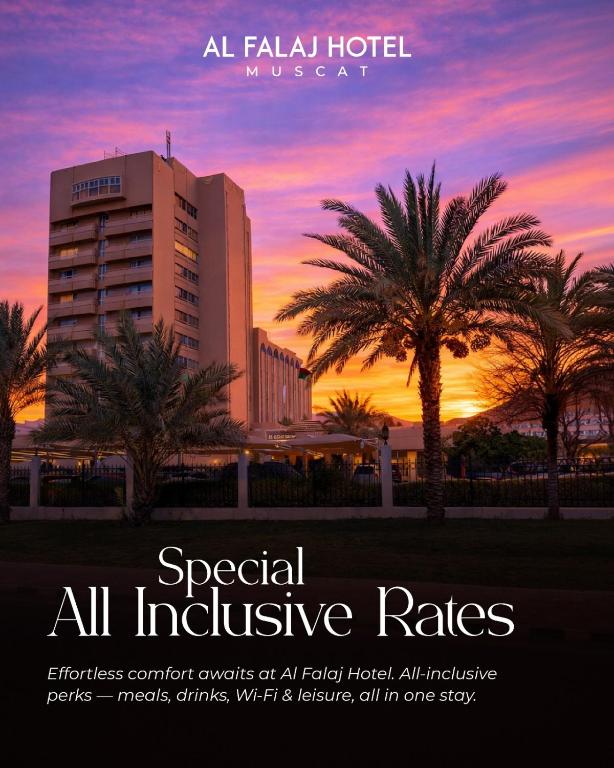 a flyer for a hotel with palm trees and a building at Al Falaj Hotel - Secure City Escape in Muscat in Muscat