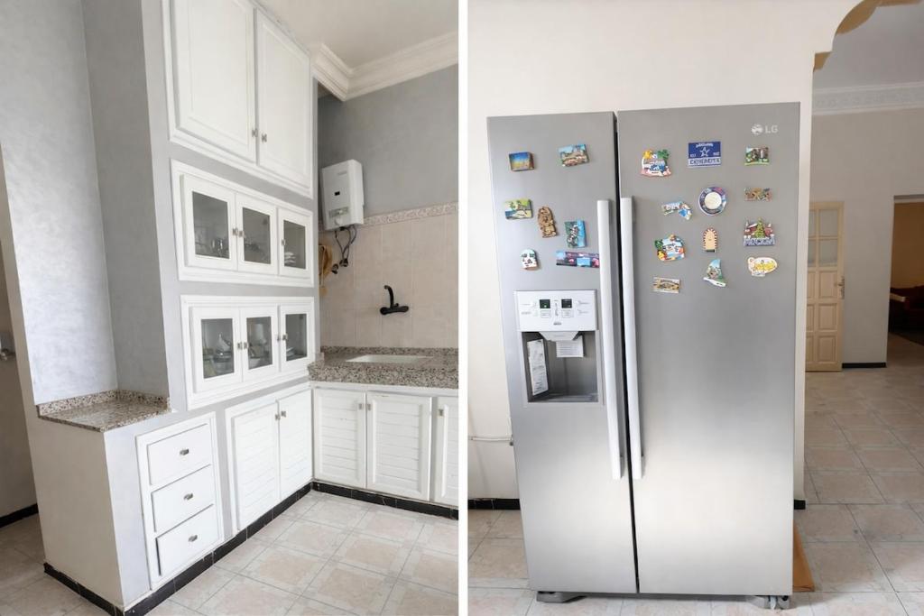 two pictures of a kitchen with a refrigerator at Luxury apartment and duplex in Ouarzazate