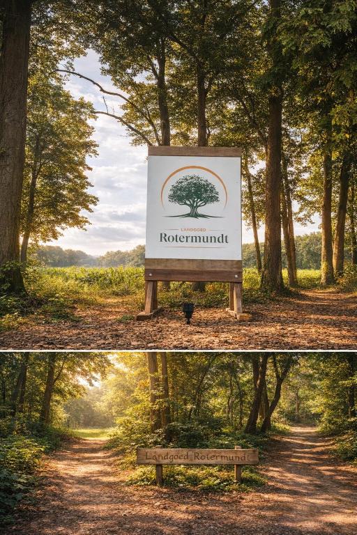a sign in the middle of a road with a tree at Landgoed Rotermundt in Huijbergen