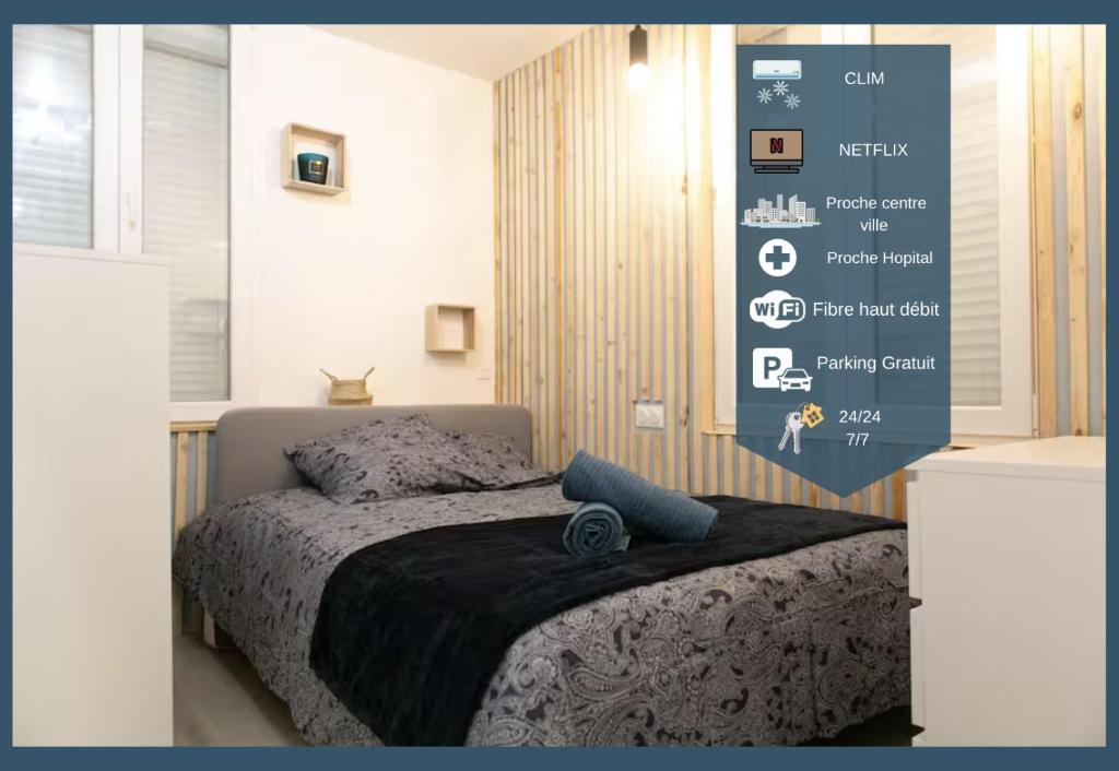 a poster of a bedroom with a bed in a room at Joli studio Clim & Wifi in Pithiviers