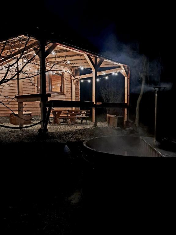 a wooden cabin with a picnic table and a fire pit at Chatô Liptov in Liptovský Mikuláš